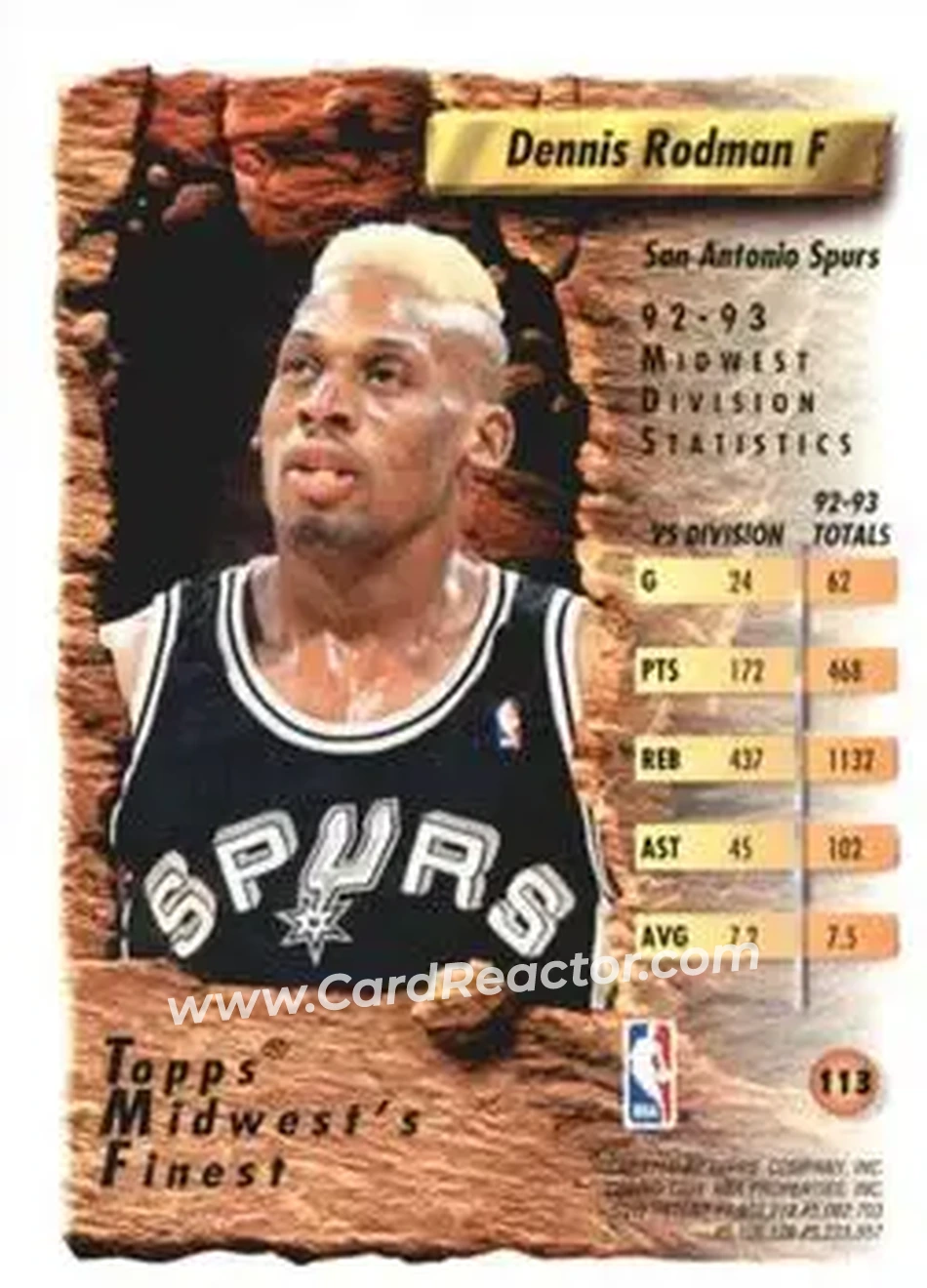 1993-94 Finest #113 - Dennis Rodman - San Antonio Spurs - Back