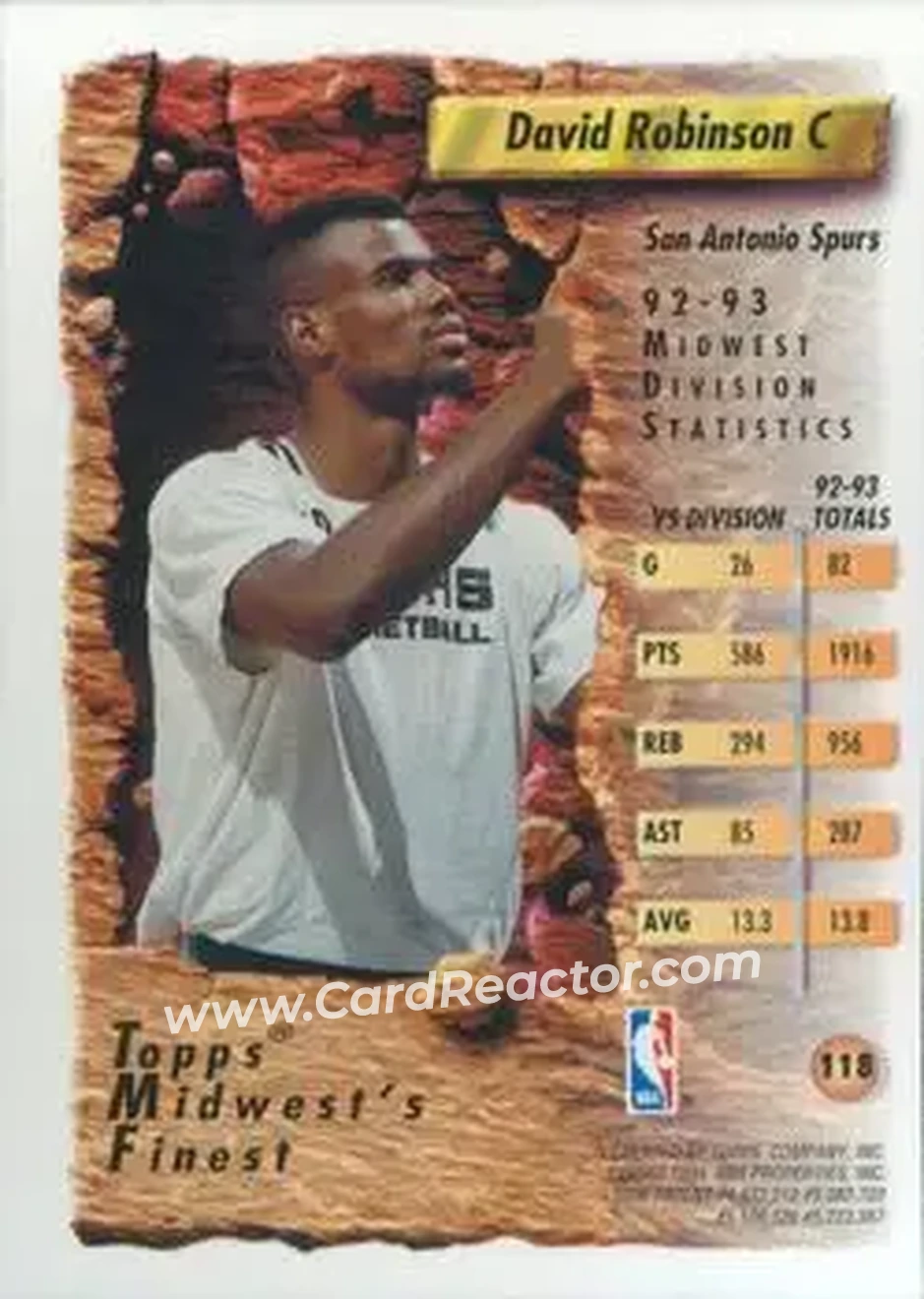 1993-94 Finest #118 - David Robinson - San Antonio Spurs - Back 1993-94 Finest #118 - David Robinson - San Antonio Spurs - Back