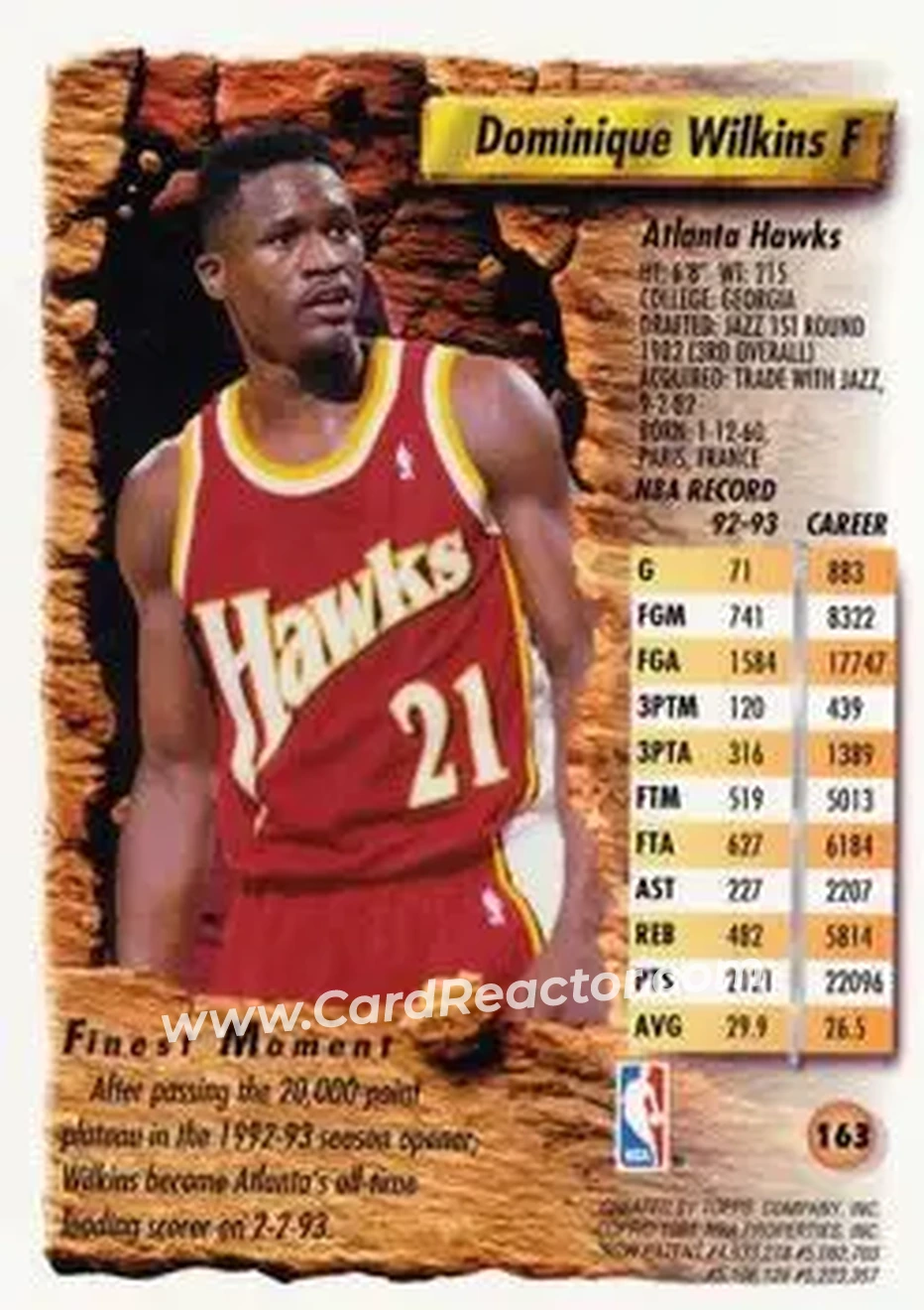 1993-94 Finest #163 - Dominique Wilkins - Atlanta Hawks - Back