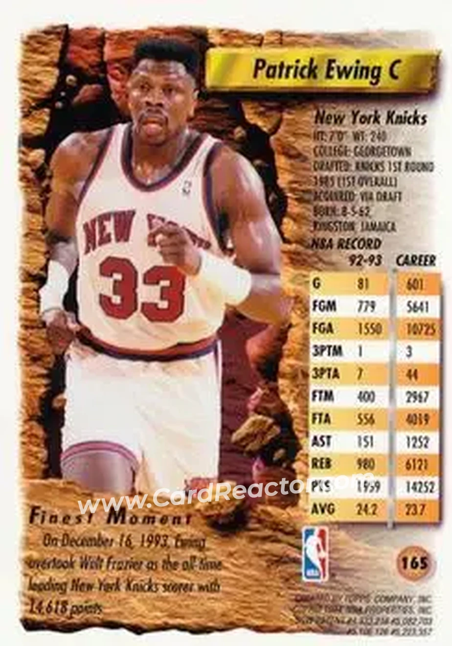 1993-94 Finest #165 - Patrick Ewing - New York Knicks - Back