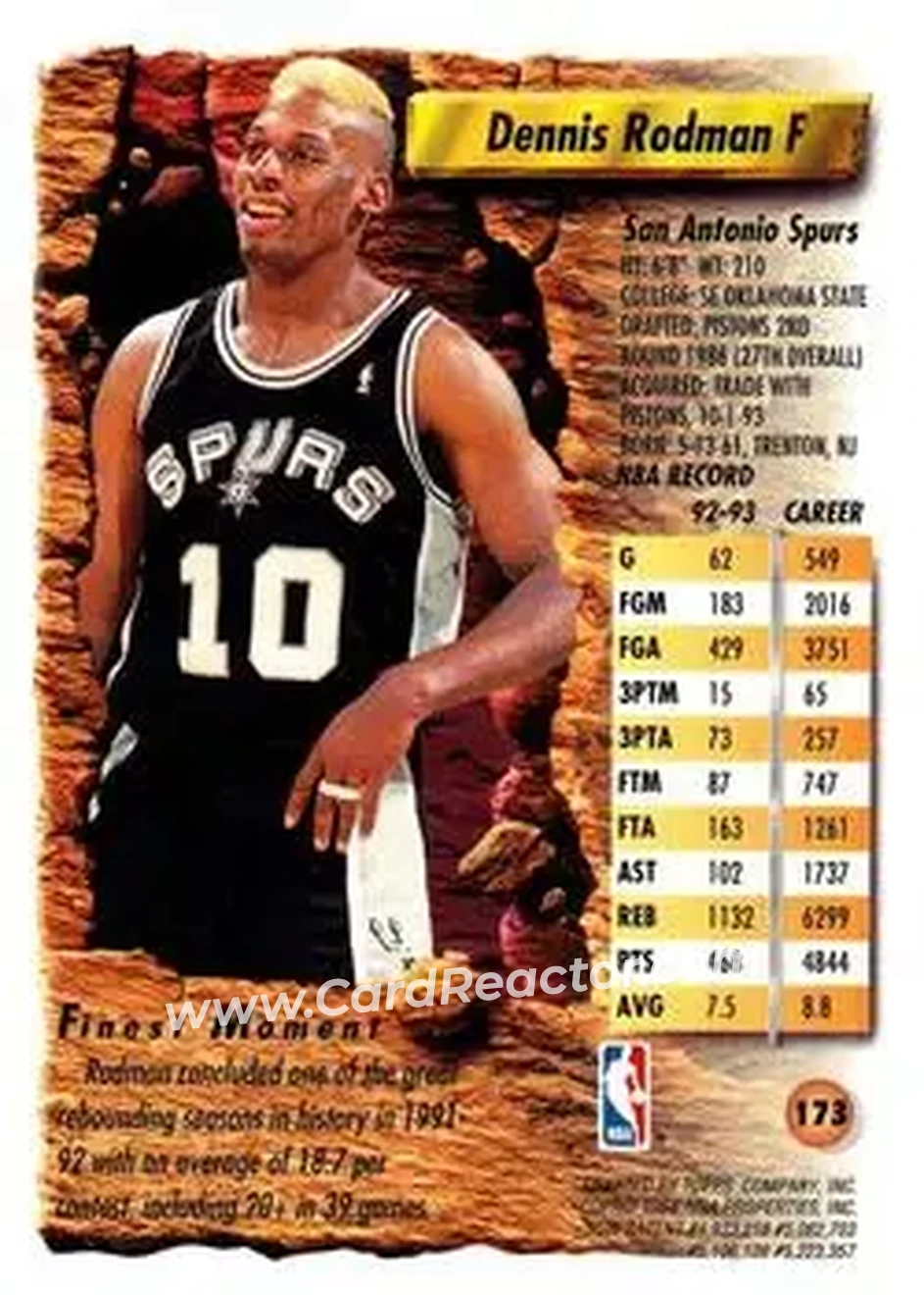1993-94 Finest #173 - Dennis Rodman - San Antonio Spurs - Back 1993-94 Finest #173 - Dennis Rodman - San Antonio Spurs - Back