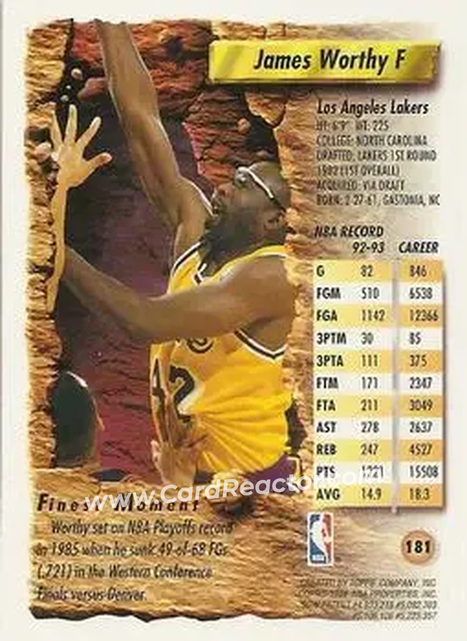 1993-94 Finest #181 - James Worthy - Los Angeles Lakers - Back