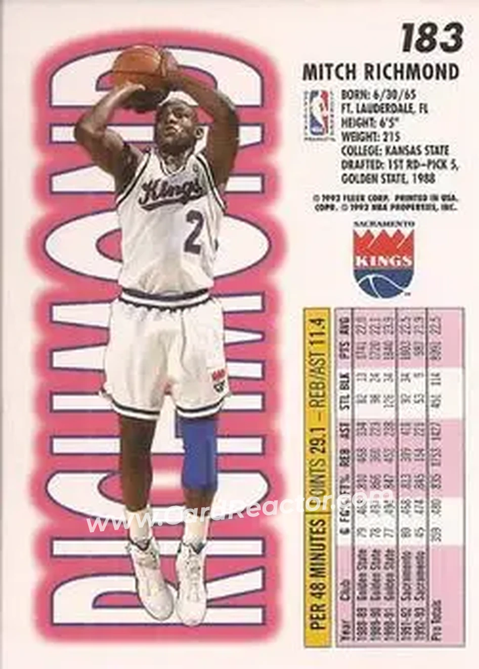 1993-94 Fleer #183 - Mitch Richmond - Sacramento Kings - Back 1993-94 Fleer #183 - Mitch Richmond - Sacramento Kings - Back