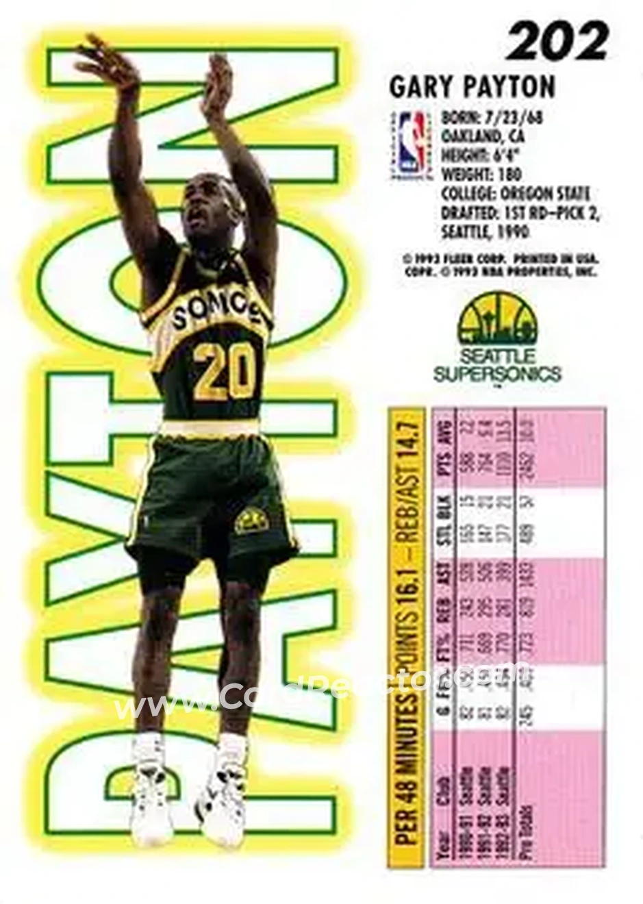 1993-94 Fleer #202 - Gary Payton - Seattle SuperSonics - Back 1993-94 Fleer #202 - Gary Payton - Seattle SuperSonics - Back