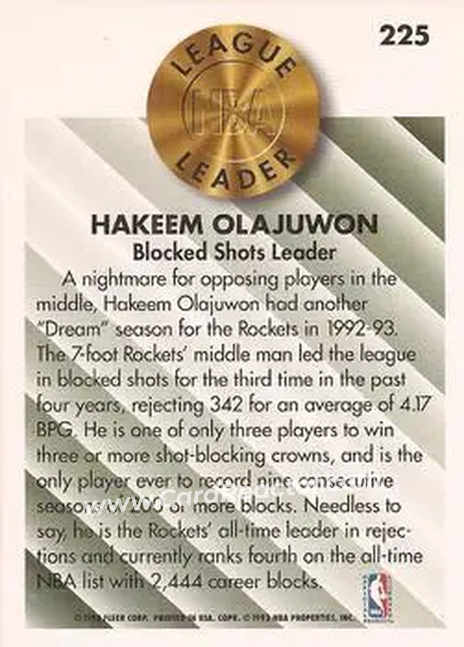 1993-94 Fleer #225 - Hakeem Olajuwon - Houston Rockets - Back 1993-94 Fleer #225 - Hakeem Olajuwon - Houston Rockets - Back