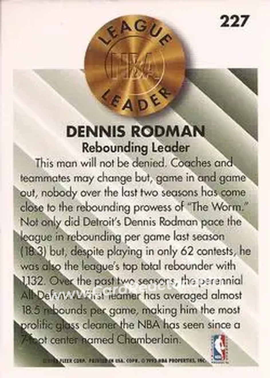 1993-94 Fleer #227 - Dennis Rodman - Detroit Pistons - Back 1993-94 Fleer #227 - Dennis Rodman - Detroit Pistons - Back