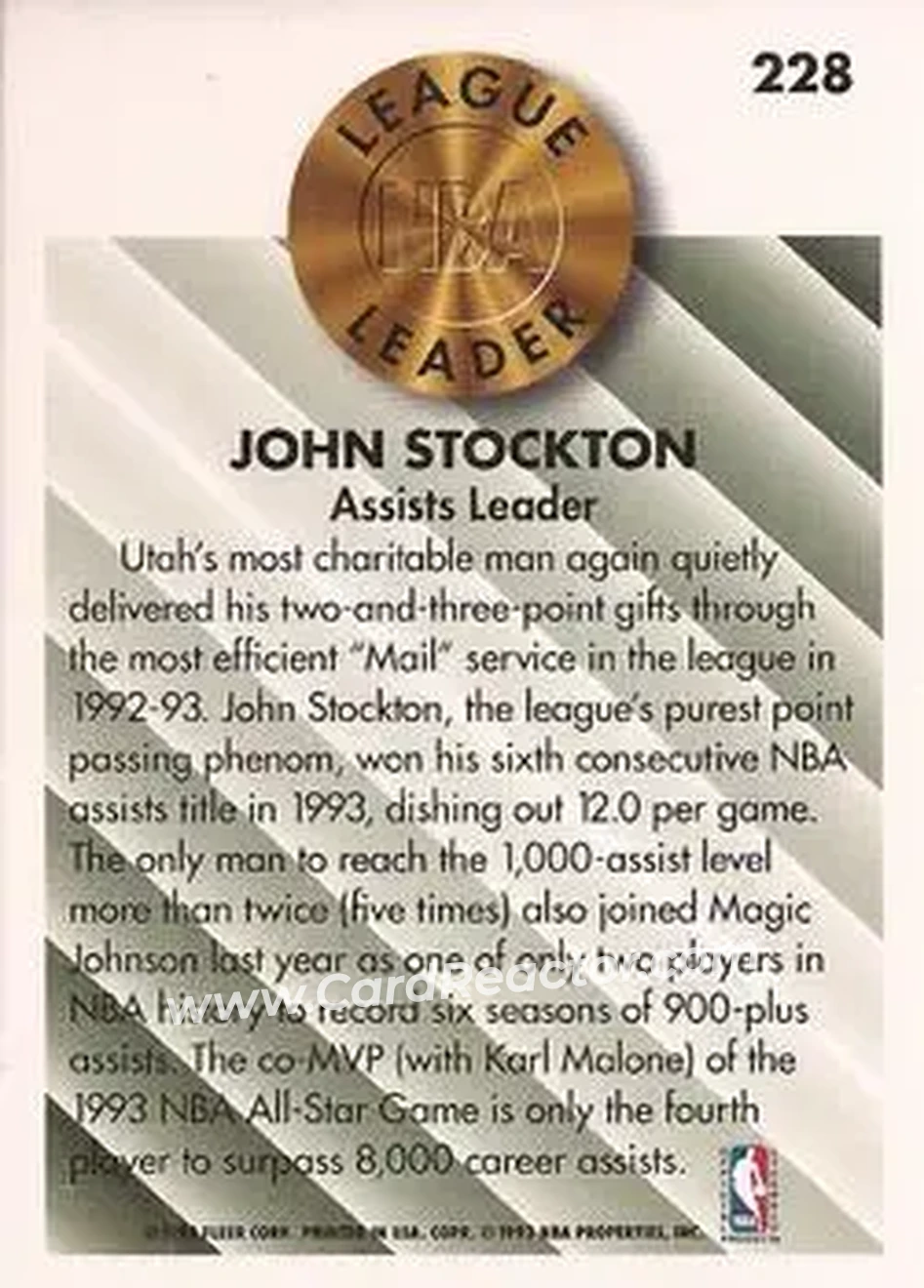 1993-94 Fleer #228 - John Stockton - Utah Jazz - Back 1993-94 Fleer #228 - John Stockton - Utah Jazz - Back