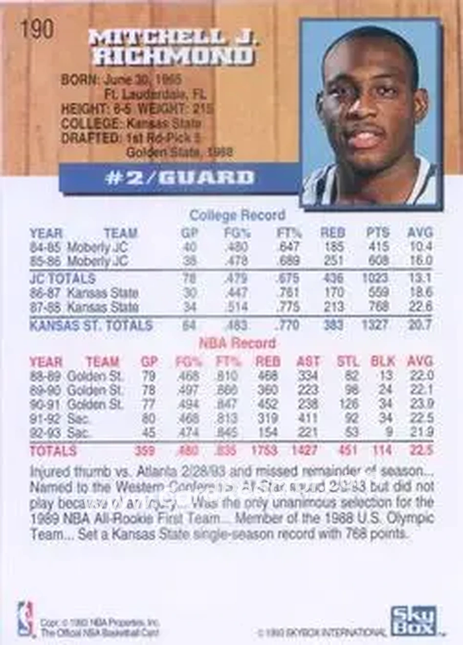 1993-94 Hoops #190 - Mitch Richmond - Sacramento Kings - Back 1993-94 Hoops #190 - Mitch Richmond - Sacramento Kings - Back