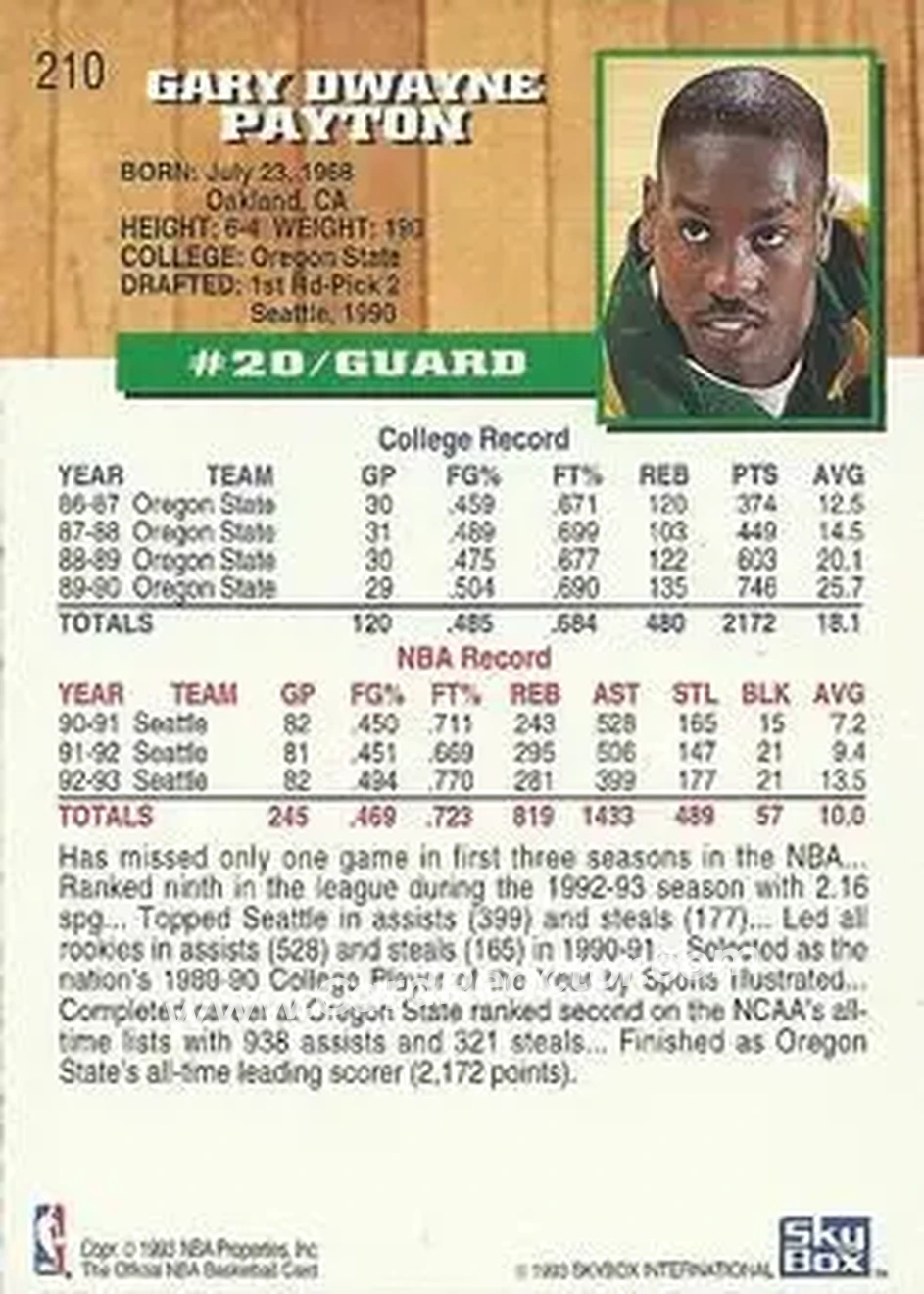 1993-94 Hoops #210 - Gary Payton - Seattle SuperSonics - Back