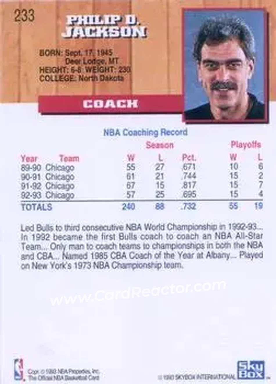1993-94 Hoops #233 - Phil Jackson - Chicago Bulls - Back