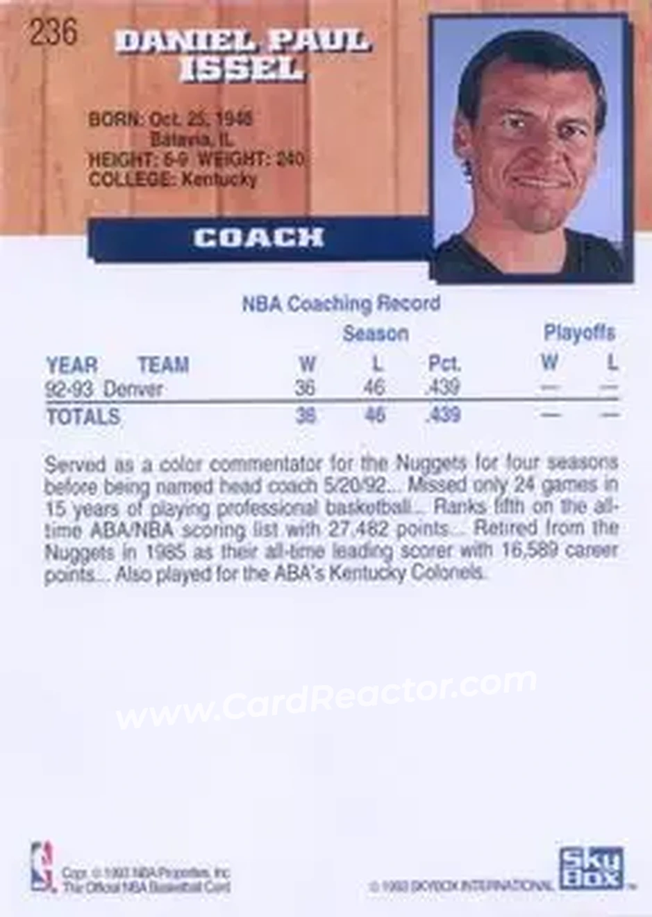 1993-94 Hoops #236 - Dan Issel - Denver Nuggets - Back