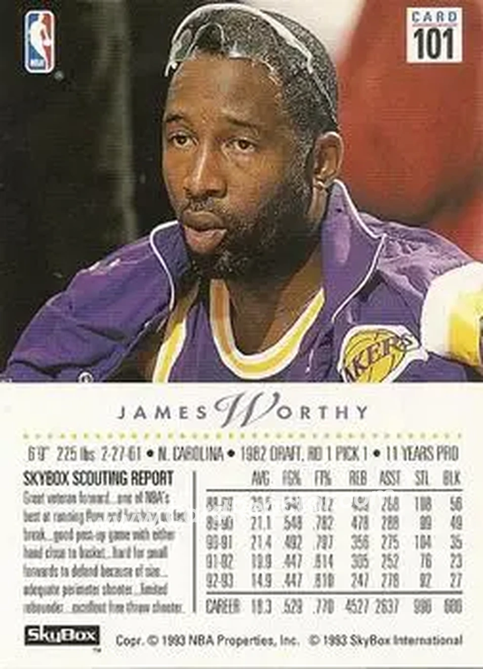 1993-94 SkyBox Premium #101 - James Worthy - Los Angeles Lakers - Back