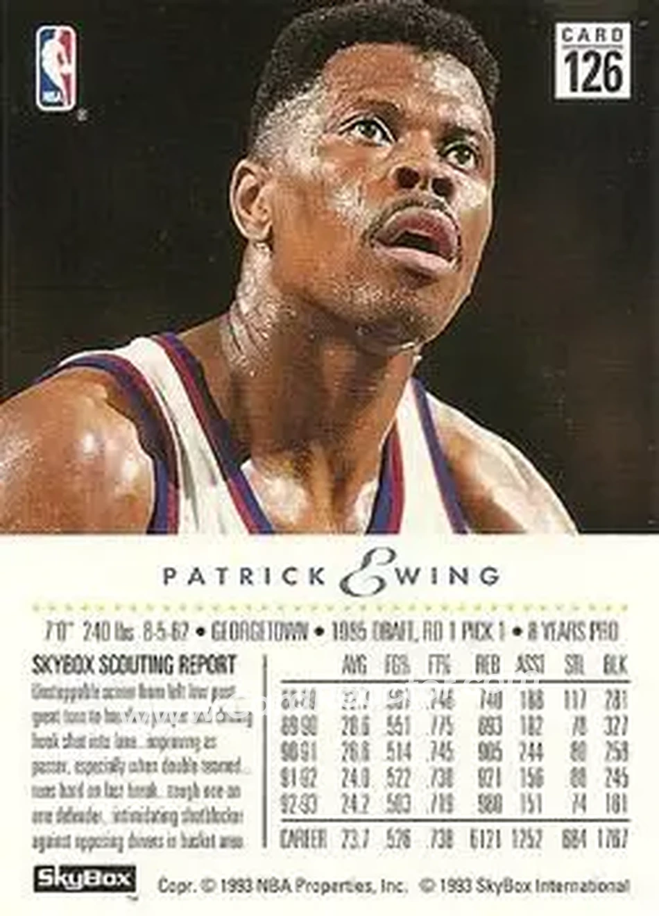 1993-94 SkyBox Premium #126 - Patrick Ewing - New York Knicks - Back