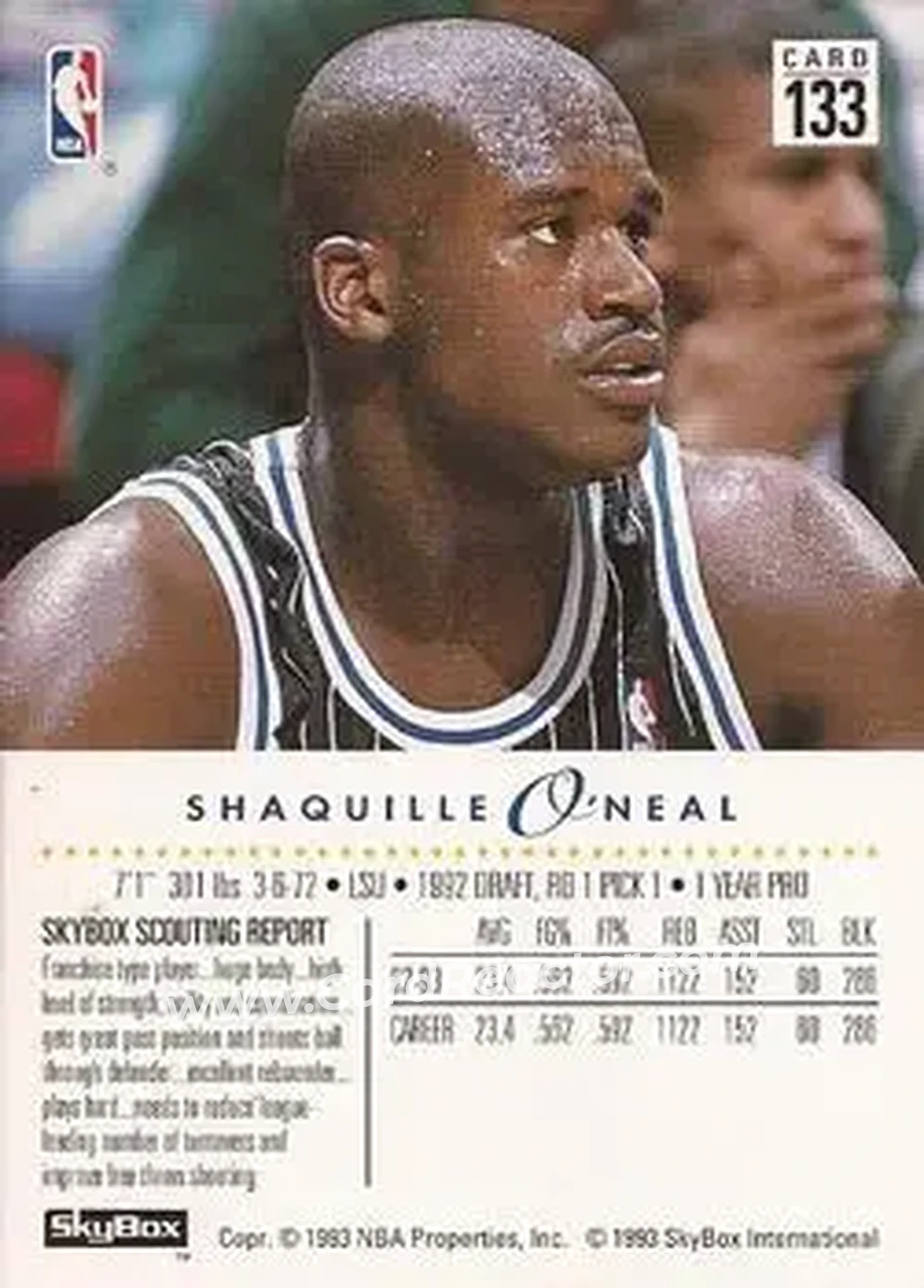 1993-94 SkyBox Premium #133 - Shaquille O'Neal - Orlando Magic - Back 1993-94 SkyBox Premium #133 - Shaquille O'Neal - Orlando Magic - Back