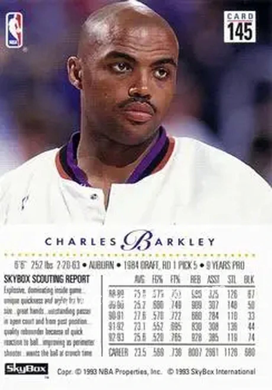 1993-94 SkyBox Premium #145 - Charles Barkley - Phoenix Suns - Back