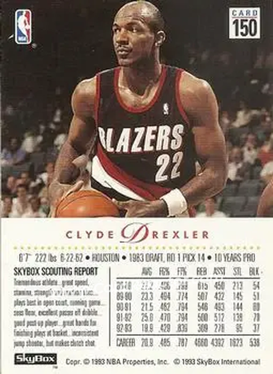 1993-94 SkyBox Premium #150 - Clyde Drexler - Portland Trail Blazers - Back