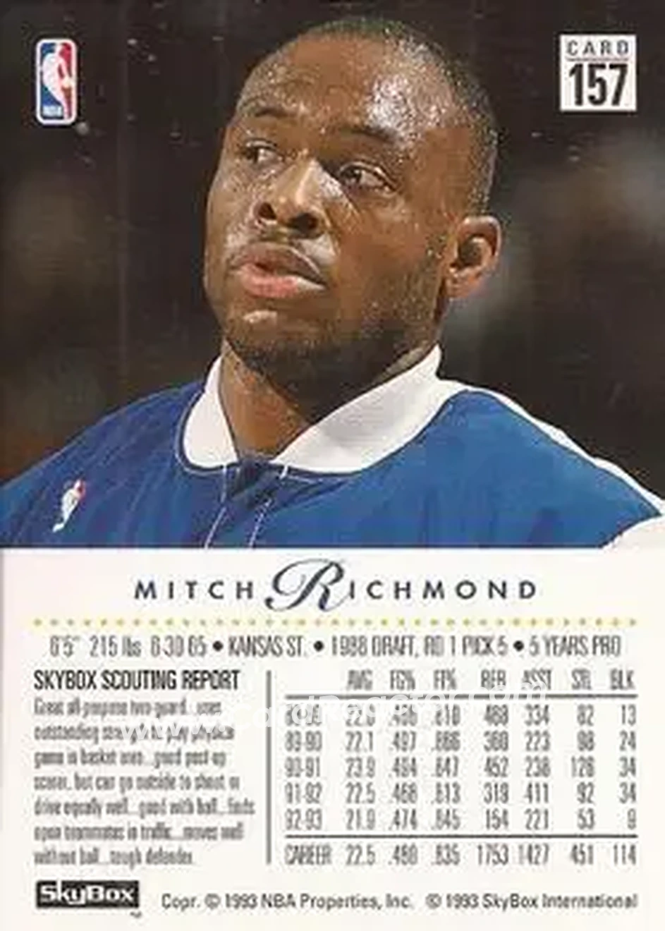 1993-94 SkyBox Premium #157 - Mitch Richmond - Sacramento Kings - Back 1993-94 SkyBox Premium #157 - Mitch Richmond - Sacramento Kings - Back