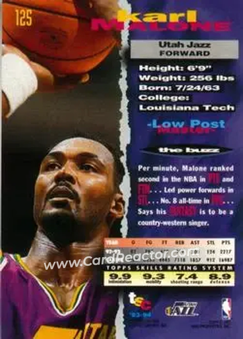1993-94 Stadium Club #125 - Karl Malone - Utah Jazz - Back