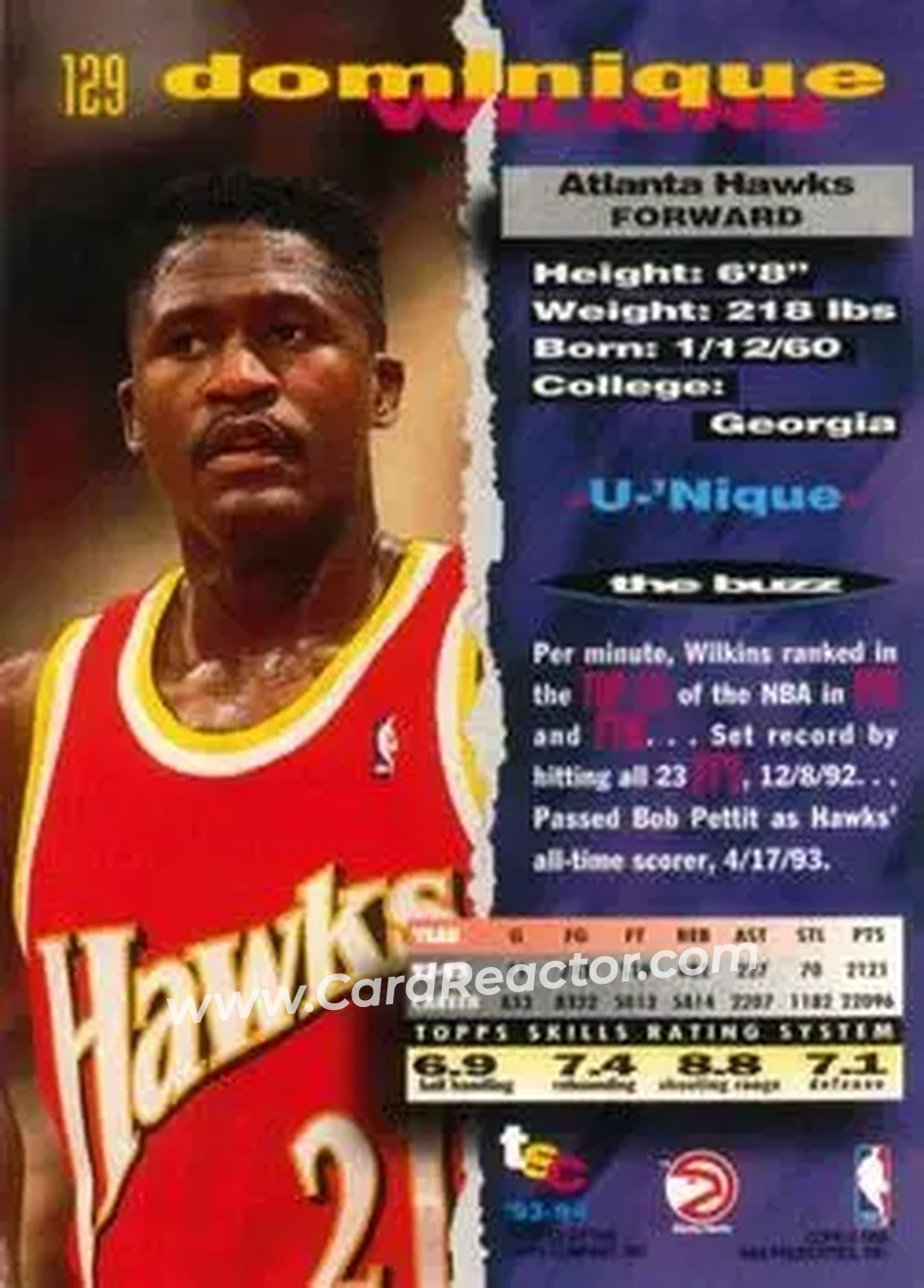 1993-94 Stadium Club #129 - Dominique Wilkins - Atlanta Hawks - Back 1993-94 Stadium Club #129 - Dominique Wilkins - Atlanta Hawks - Back