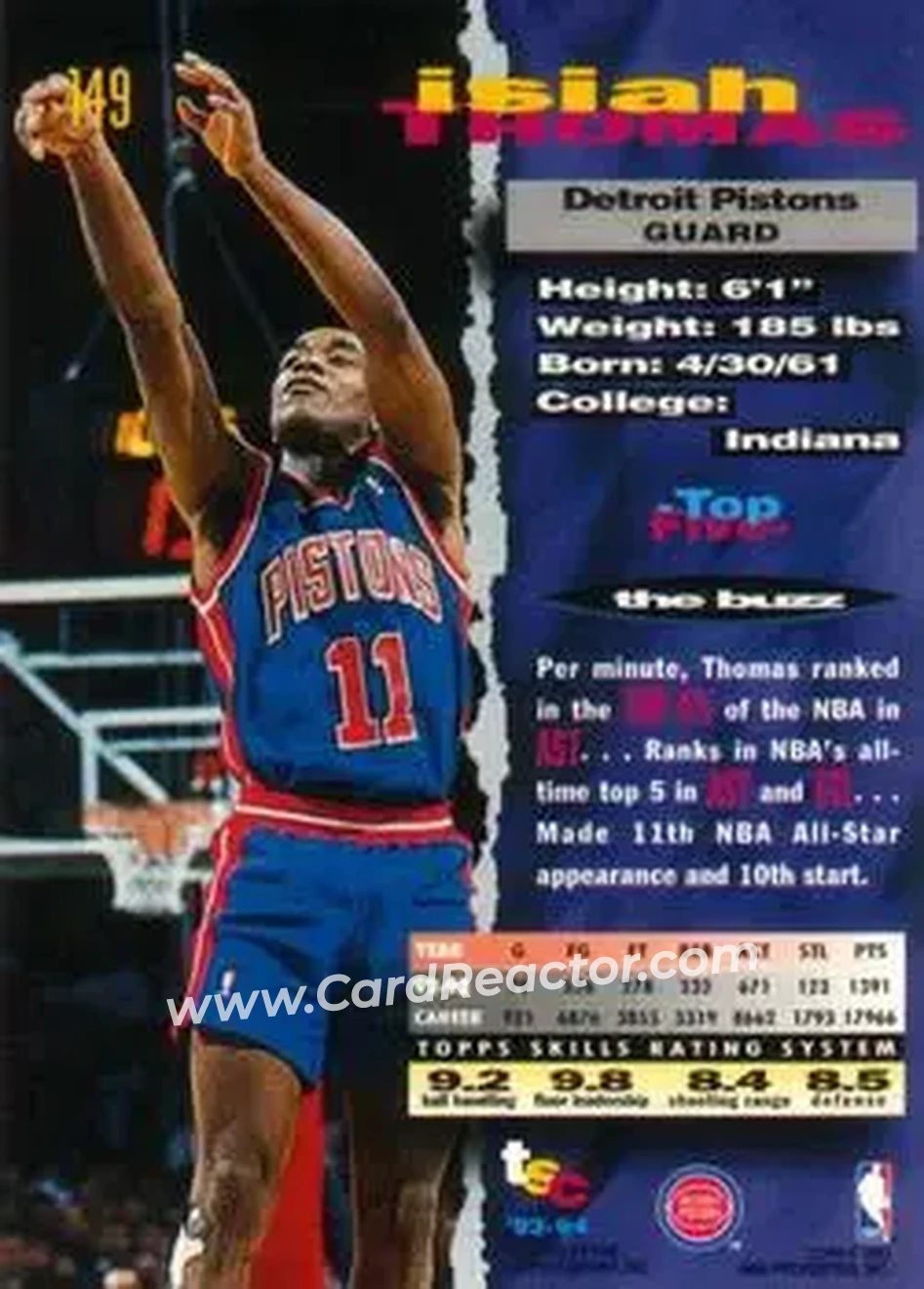 1993-94 Stadium Club #149 - Isiah Thomas - Detroit Pistons - Back 1993-94 Stadium Club #149 - Isiah Thomas - Detroit Pistons - Back