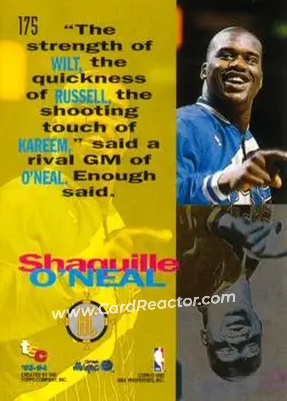 1993-94 Stadium Club #175 - Shaquille O'Neal - Orlando Magic - Back