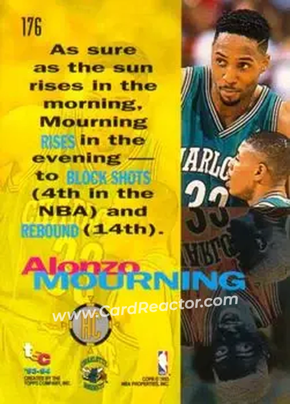 1993-94 Stadium Club #176 - Alonzo Mourning - Charlotte Hornets - Back