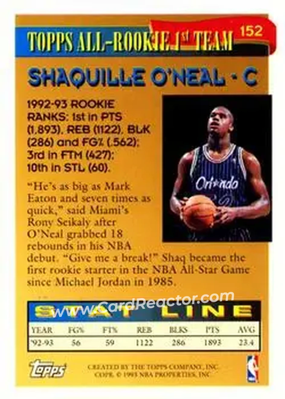 1993-94 Topps #152 - Shaquille O'Neal - Orlando Magic - Back 1993-94 Topps #152 - Shaquille O'Neal - Orlando Magic - Back
