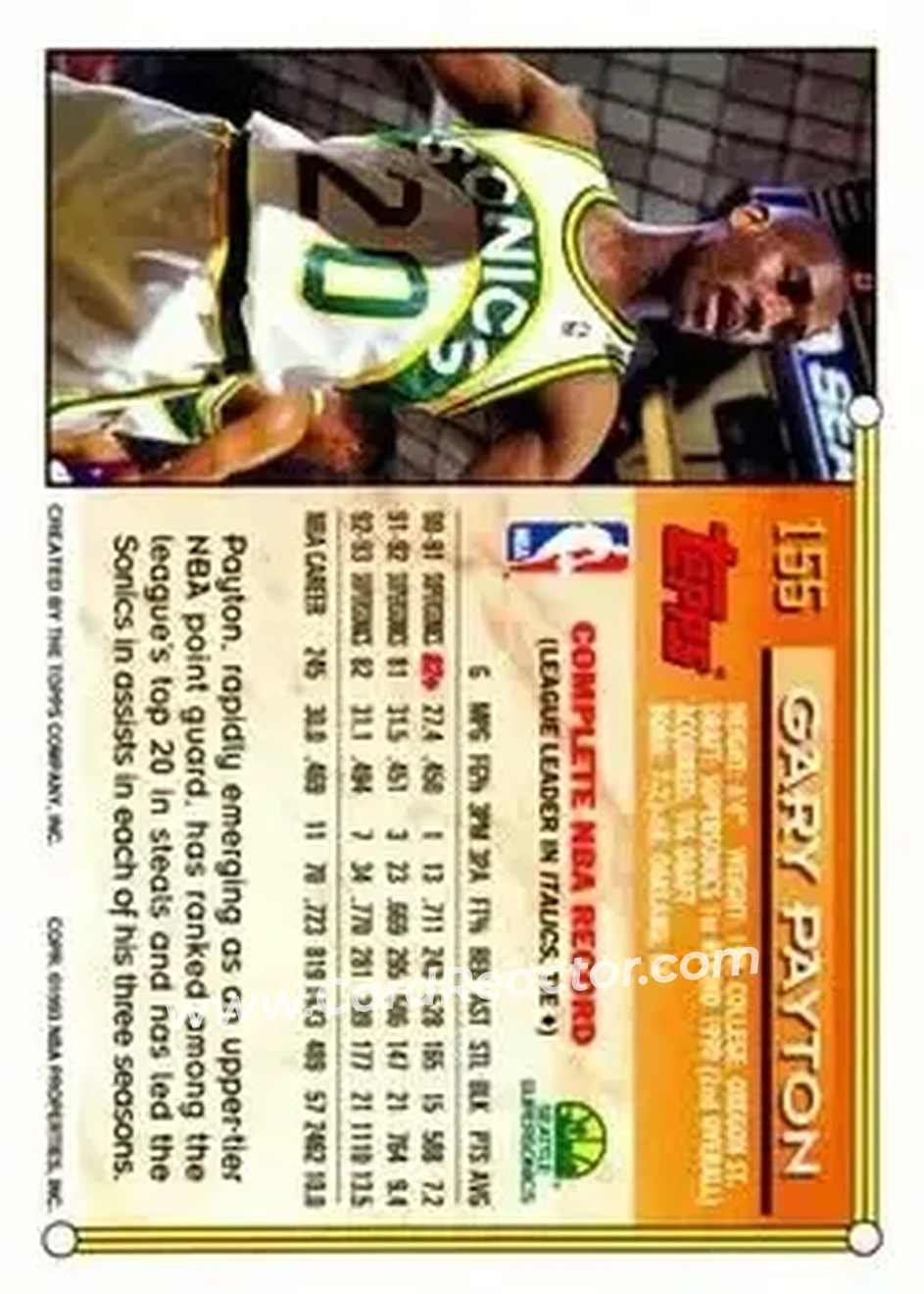 1993-94 Topps #155 - Gary Payton - Seattle SuperSonics - Back