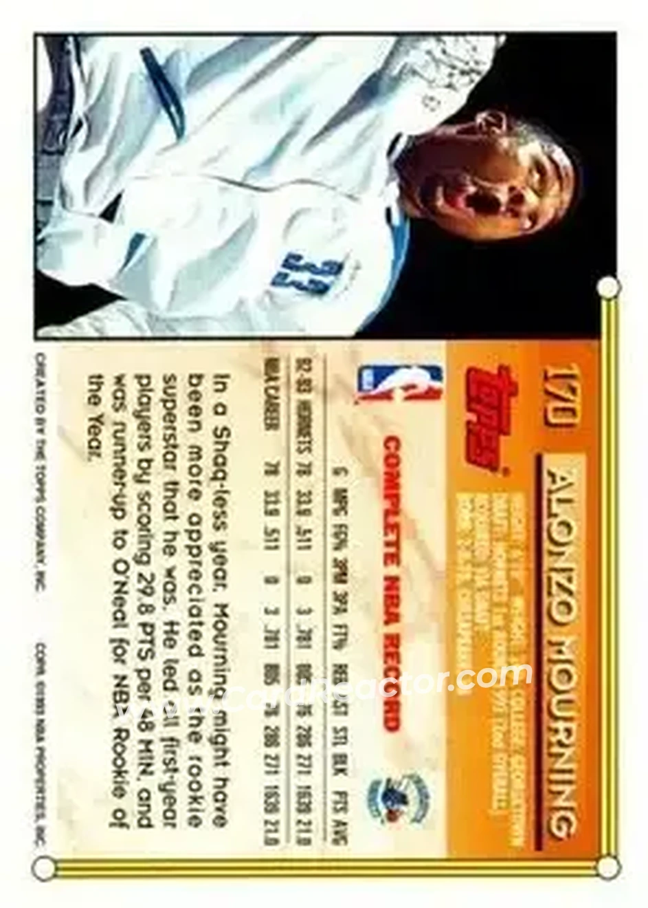 1993-94 Topps #170 - Alonzo Mourning - Charlotte Hornets - Back