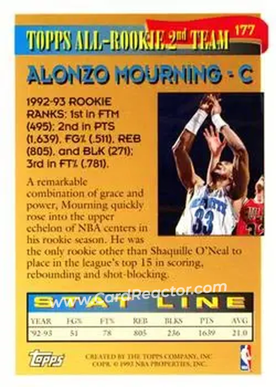 1993-94 Topps #177 - Alonzo Mourning - Charlotte Hornets - Back