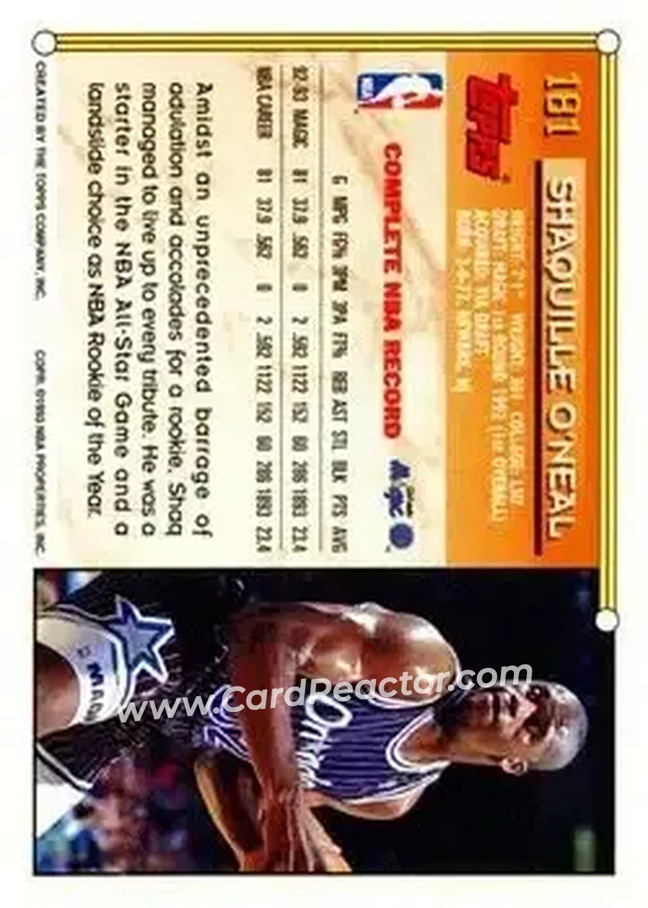 1993-94 Topps #181 - Shaquille O'Neal - Orlando Magic - Back 1993-94 Topps #181 - Shaquille O'Neal - Orlando Magic - Back