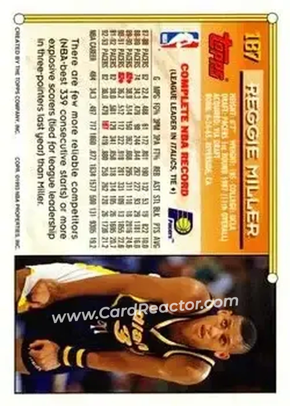 1993-94 Topps #187 - Reggie Miller - Indiana Pacers - Back 1993-94 Topps #187 - Reggie Miller - Indiana Pacers - Back