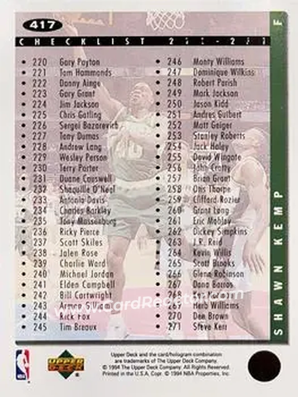 1994-95 Collector's Choice European English #417 - Shawn Kemp - Seattle SuperSonics - Back 1994-95 Collector's Choice European English #417 - Shawn Kemp - Seattle SuperSonics - Back