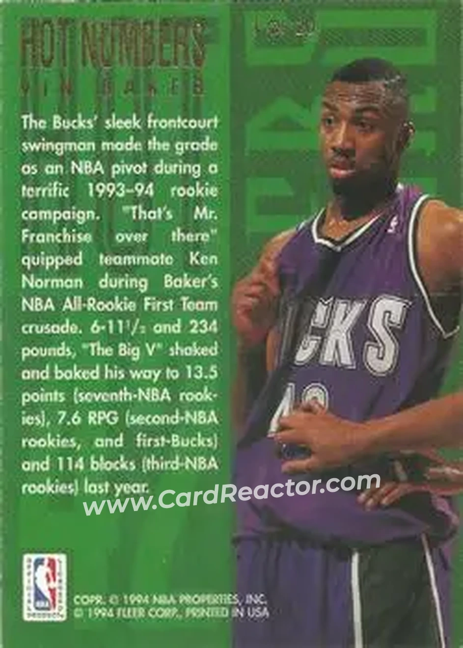 1994-95 Flair - Hot Numbers #1 - Vin Baker - Milwaukee Bucks - Back 1994-95 Flair - Hot Numbers #1 - Vin Baker - Milwaukee Bucks - Back