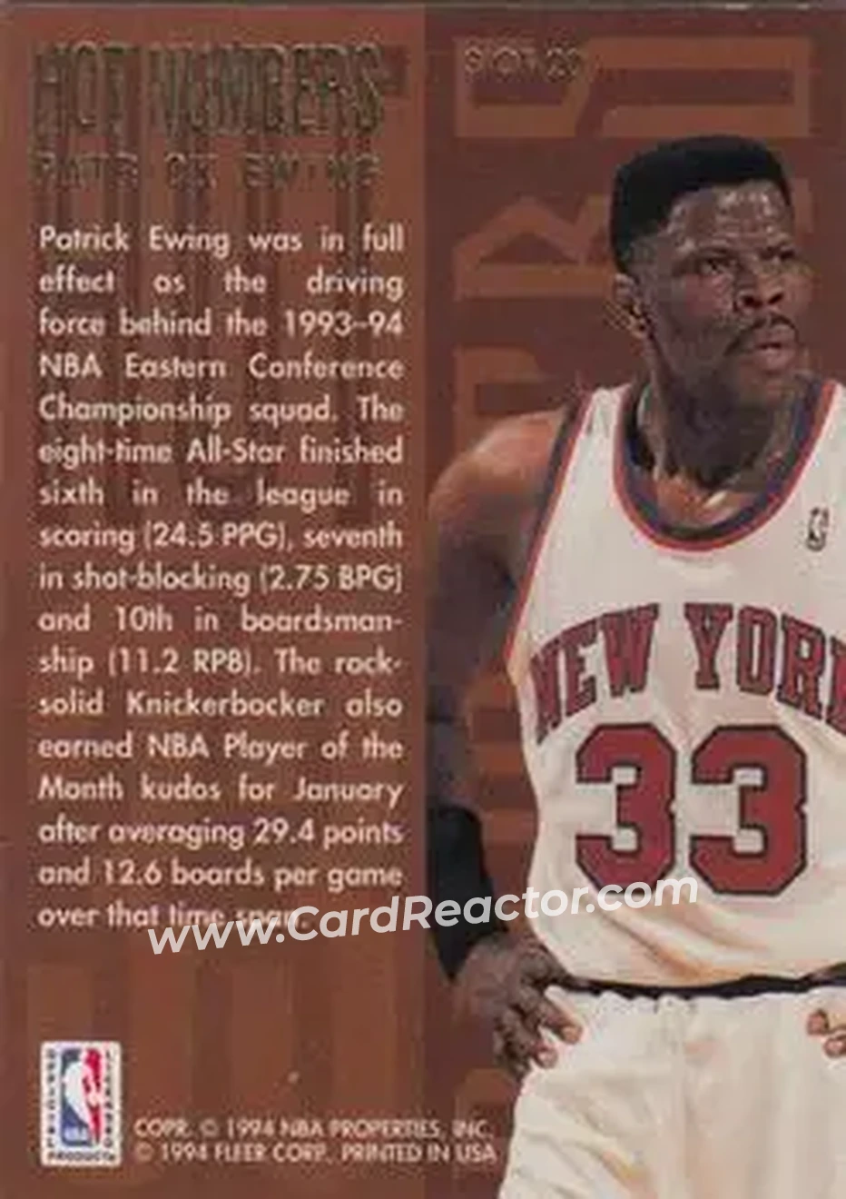 1994-95 Flair - Hot Numbers #3 - Patrick Ewing - New York Knicks - Back