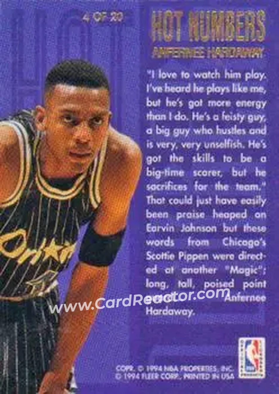 1994-95 Flair - Hot Numbers #4 - Anfernee Hardaway - Orlando Magic - Back