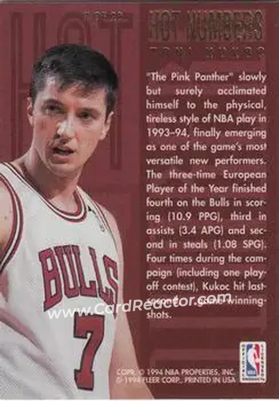 1994-95 Flair - Hot Numbers #7 - Toni Kukoc - Chicago Bulls - Back