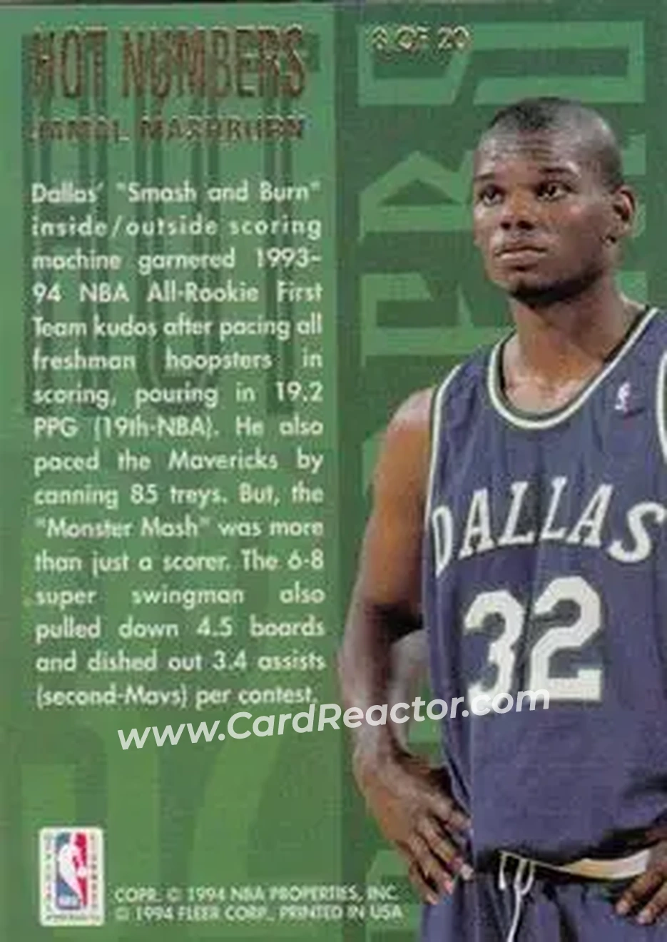 1994-95 Flair - Hot Numbers #8 - Jamal Mashburn - Dallas Mavericks - Back