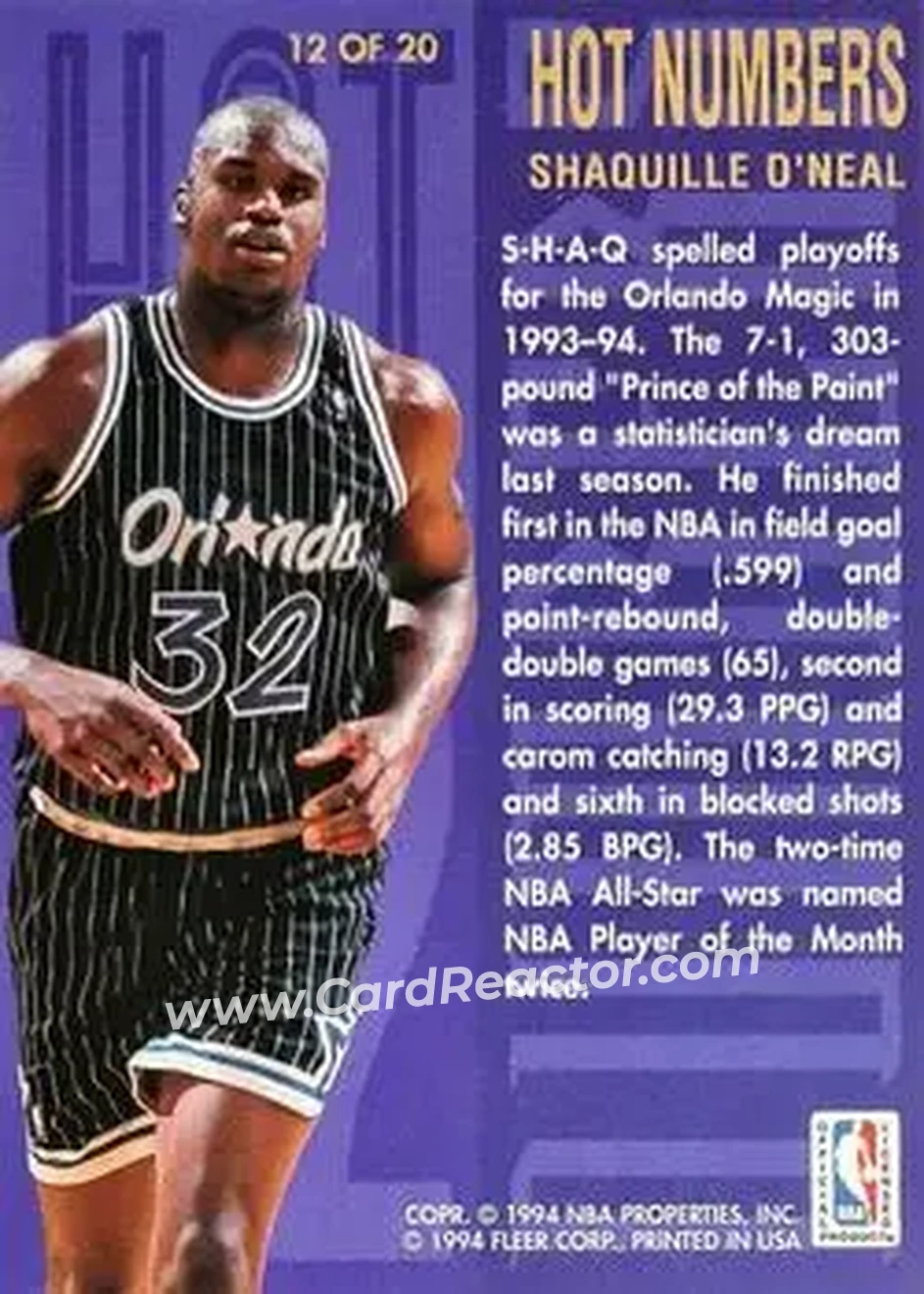 1994-95 Flair - Hot Numbers #12 - Shaquille O'Neal - Orlando Magic - Back