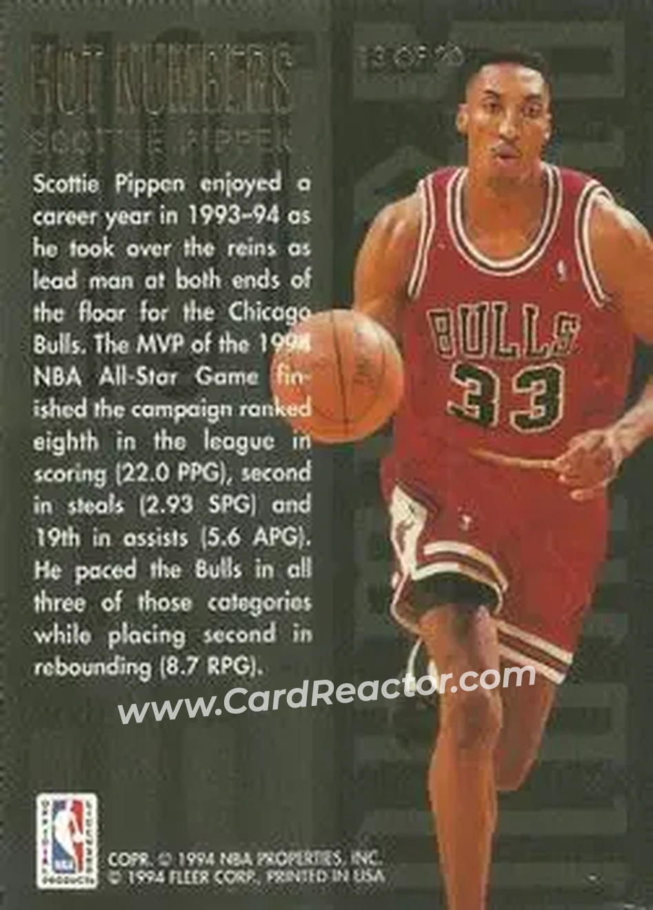 1994-95 Flair - Hot Numbers #13 - Scottie Pippen - Chicago Bulls - Back