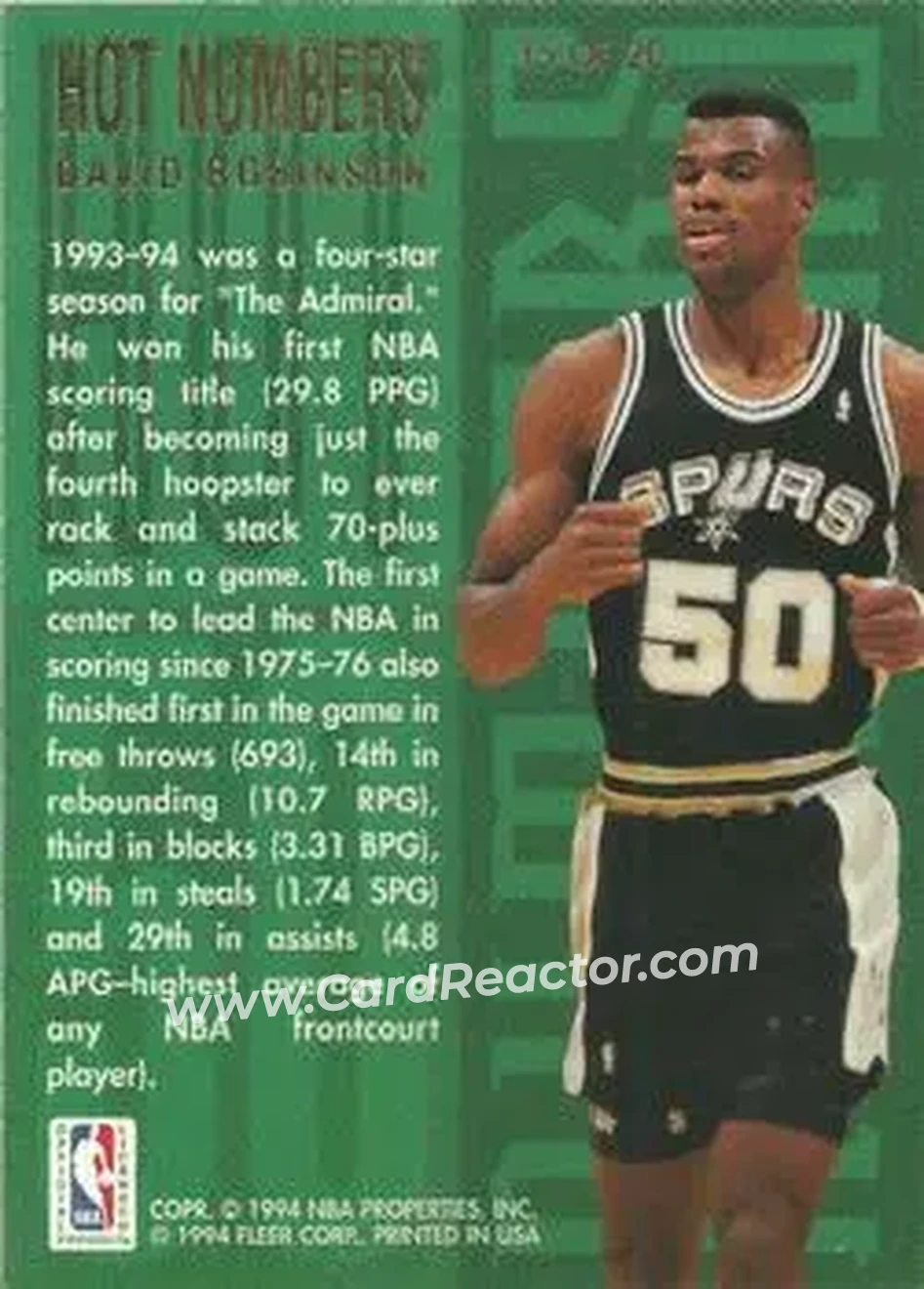 1994-95 Flair - Hot Numbers #15 - David Robinson - San Antonio Spurs - Back