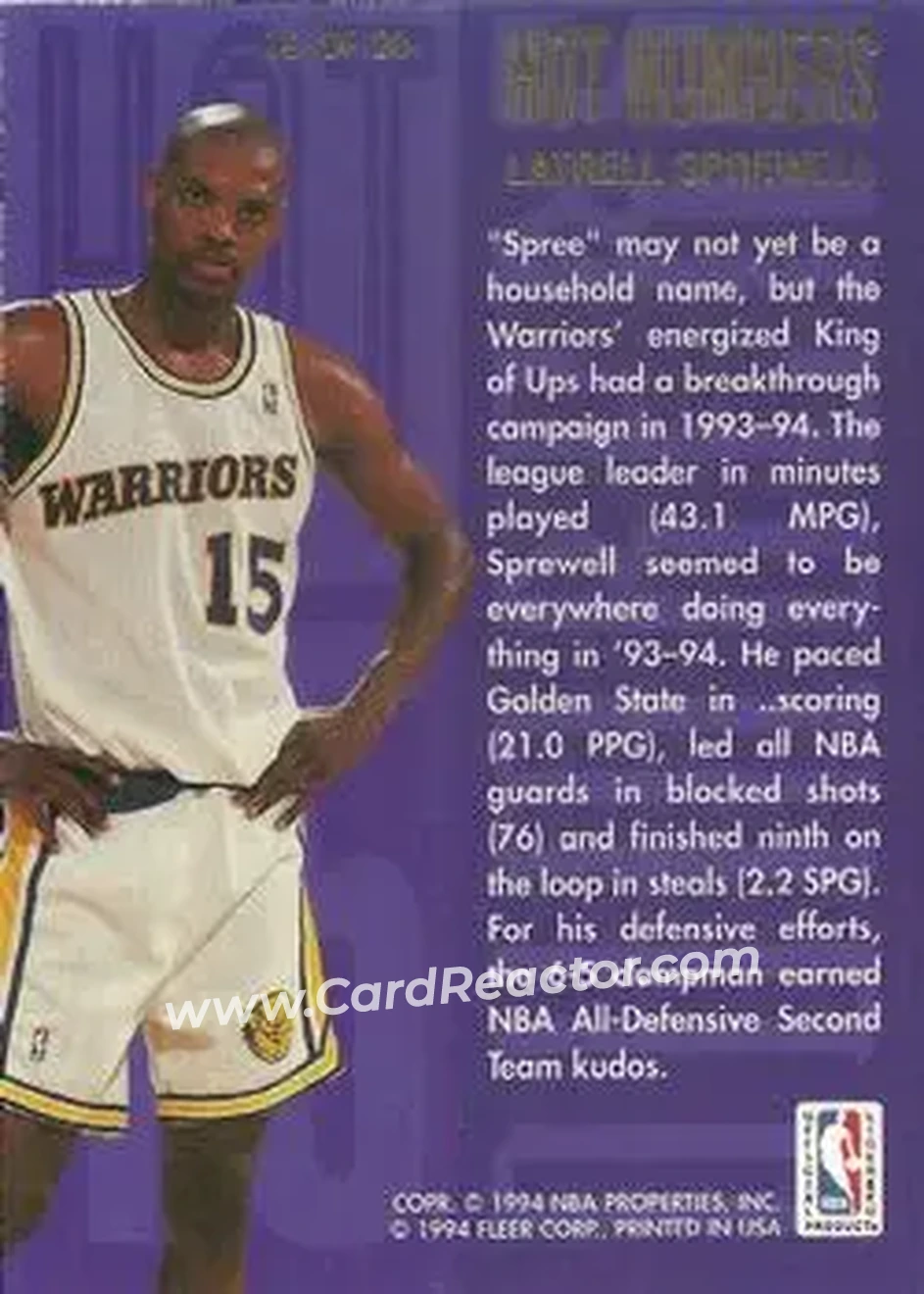 1994-95 Flair - Hot Numbers #16 - Latrell Sprewell - Golden State Warriors - Back 1994-95 Flair - Hot Numbers #16 - Latrell Sprewell - Golden State Warriors - Back