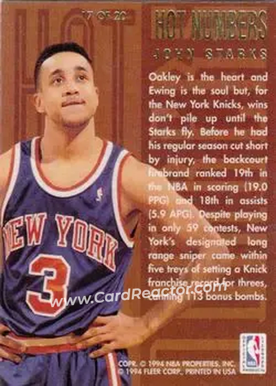 1994-95 Flair - Hot Numbers #17 - John Starks - New York Knicks - Back