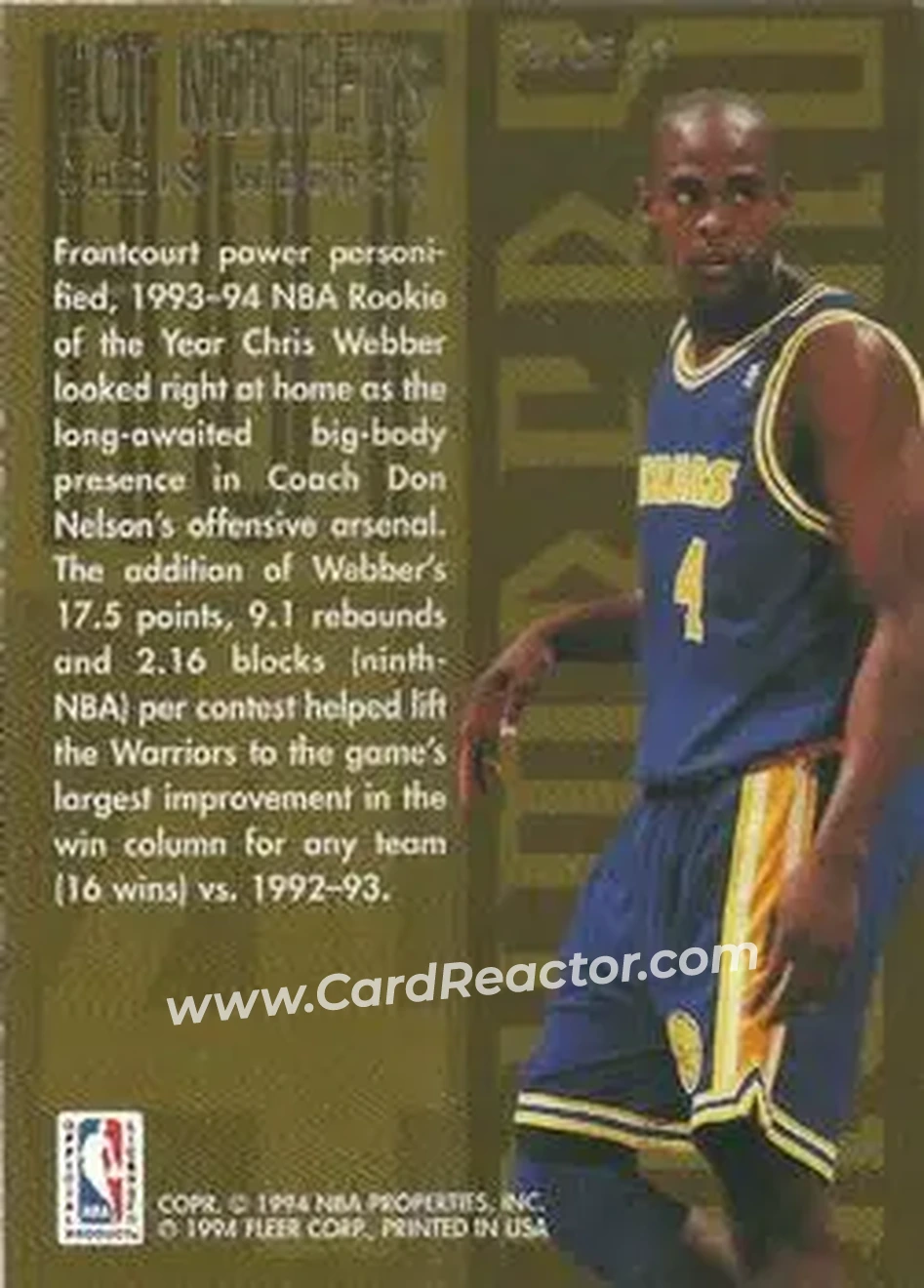 1994-95 Flair - Hot Numbers #20 - Chris Webber - Golden State Warriors - Back 1994-95 Flair - Hot Numbers #20 - Chris Webber - Golden State Warriors - Back