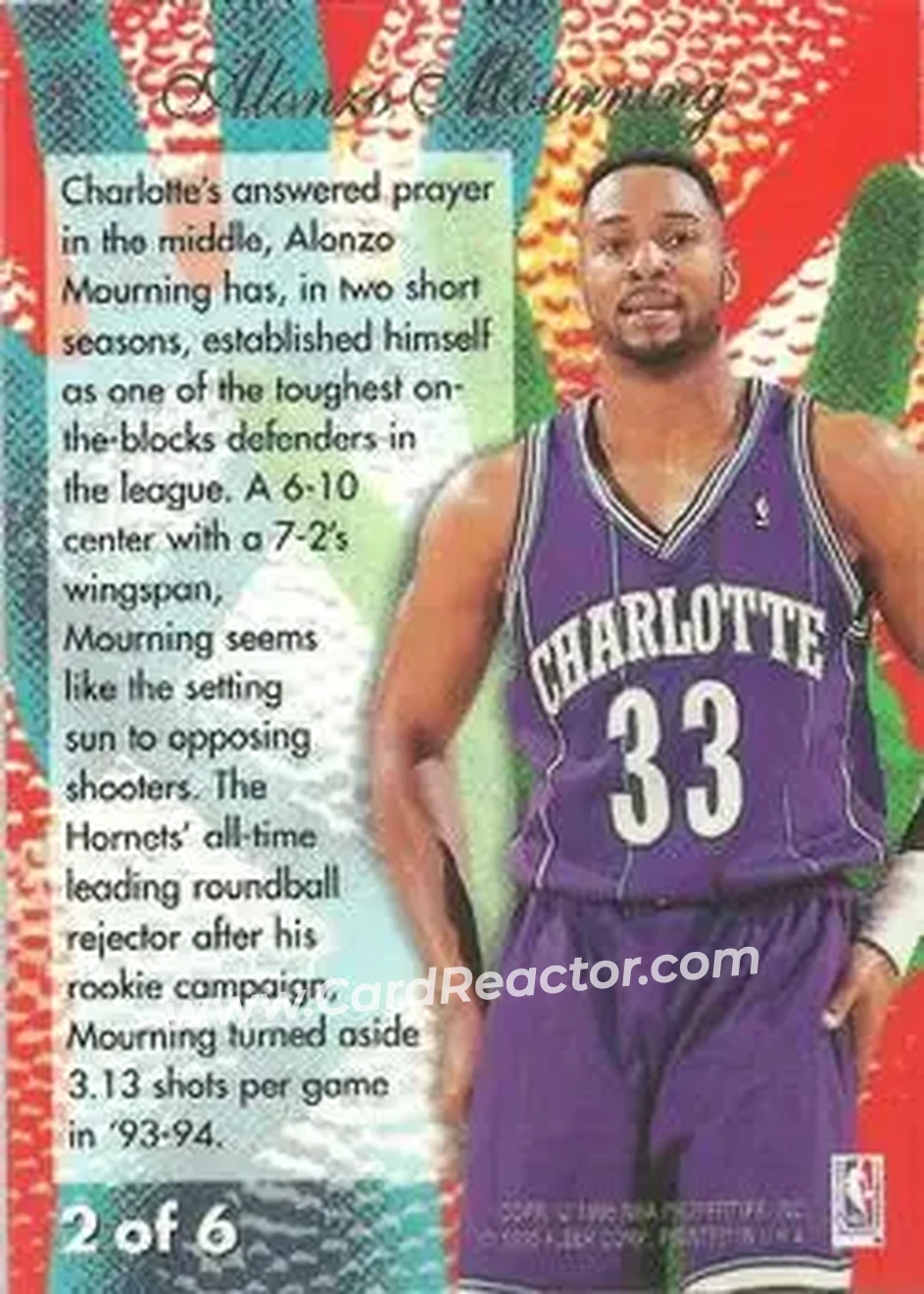 1994-95 Flair - Rejectors #2 - Alonzo Mourning - Charlotte Hornets - Back