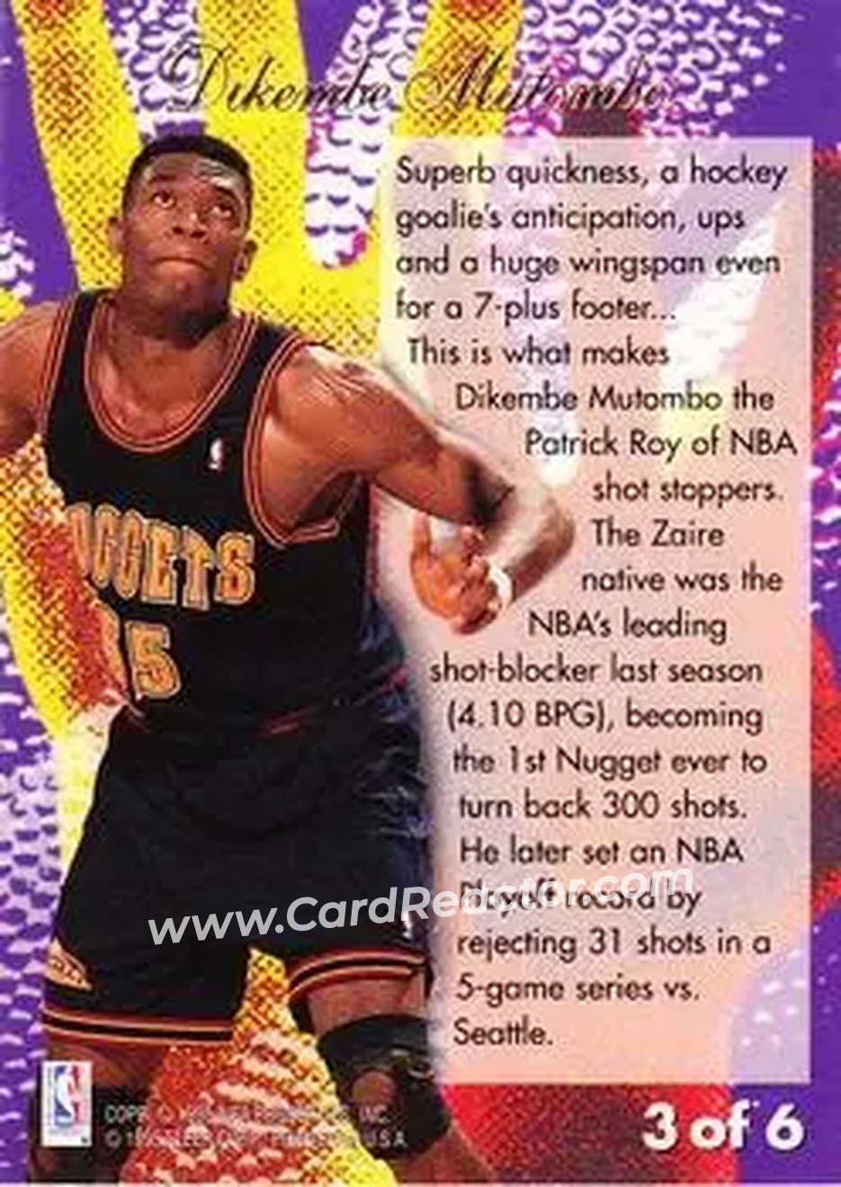 1994-95 Flair - Rejectors #3 - Dikembe Mutombo - Denver Nuggets - Back 1994-95 Flair - Rejectors #3 - Dikembe Mutombo - Denver Nuggets - Back