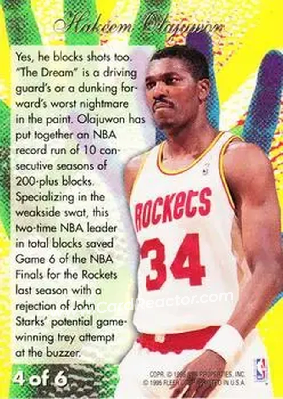 1994-95 Flair - Rejectors #4 - Hakeem Olajuwon - Houston Rockets - Back 1994-95 Flair - Rejectors #4 - Hakeem Olajuwon - Houston Rockets - Back