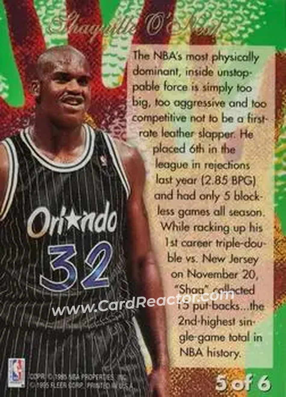 1994-95 Flair - Rejectors #5 - Shaquille O'Neal - Orlando Magic - Back