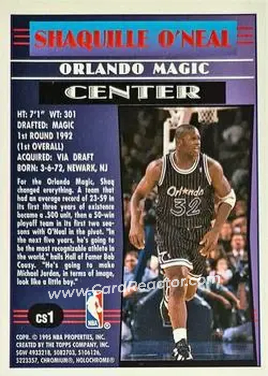 1994-95 Finest - Cornerstone #CS1 - Shaquille O'Neal - Orlando Magic - Back 1994-95 Finest - Cornerstone #CS1 - Shaquille O'Neal - Orlando Magic - Back