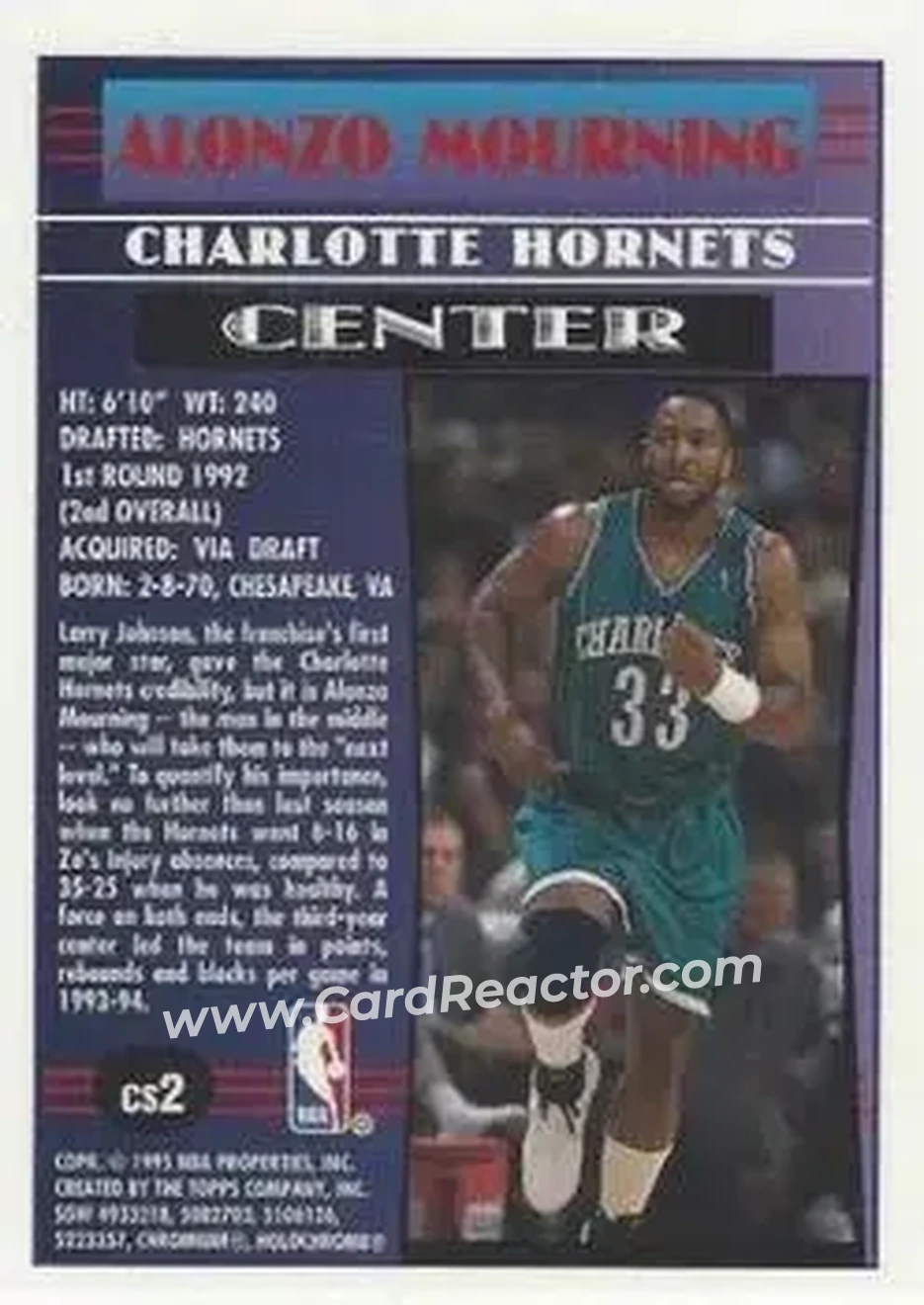 1994-95 Finest - Cornerstone #CS2 - Alonzo Mourning - Charlotte Hornets - Back